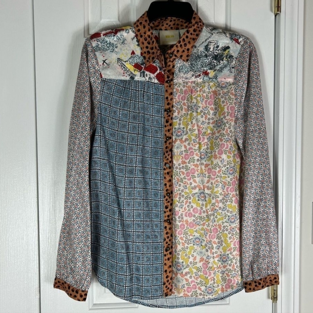 Anthropologie Maeve Paz Buttondown Shirt Leopard Floral Print Blouse S